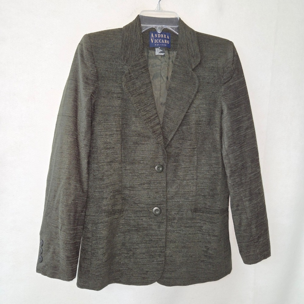 Andrea Viccaro Blazer Women 6P Olive Green Chenille Textured Two‎ Button Lined